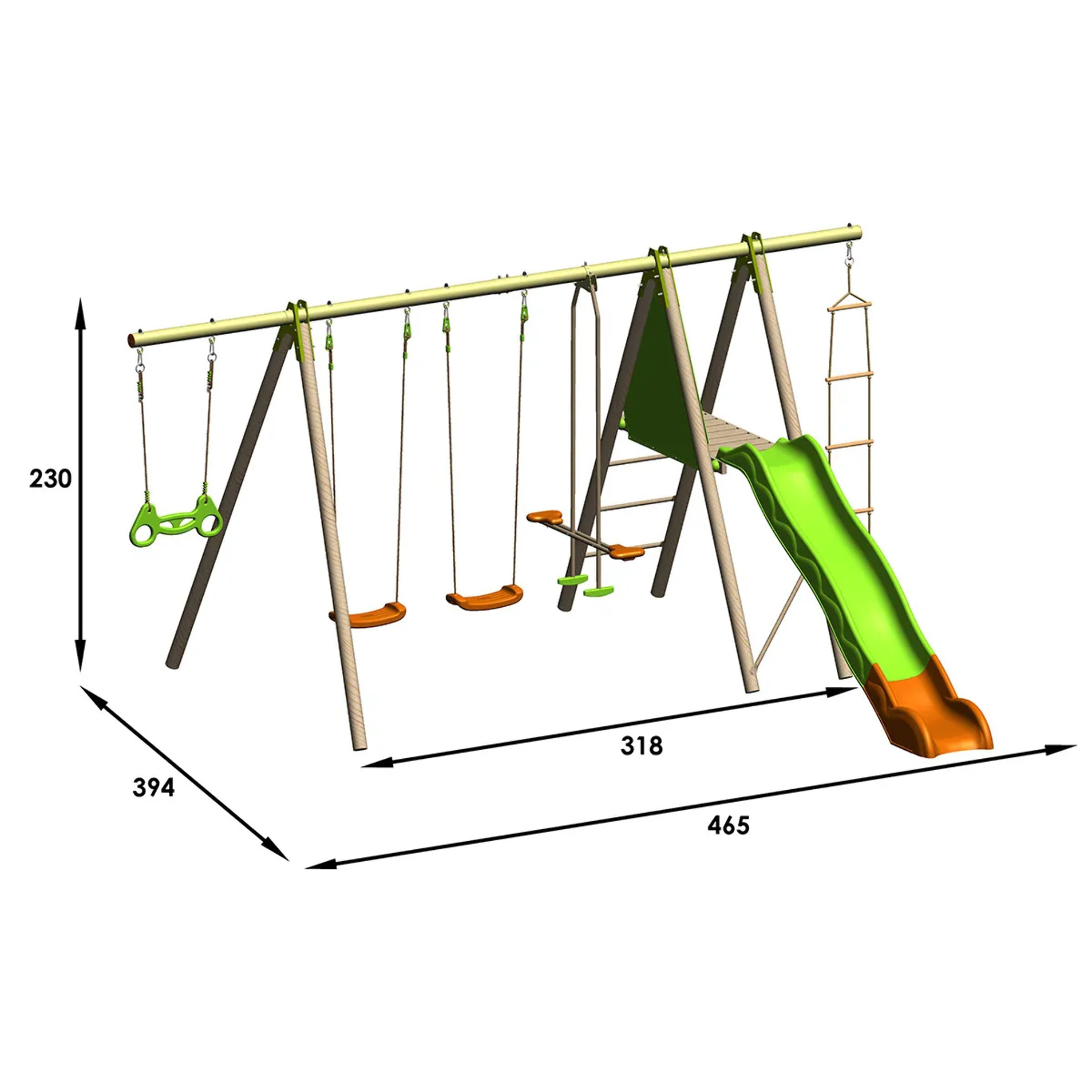 Balançoire en bois poutre métal Techwood MAKUTA 2,30 m avec toboggan 8 enfants