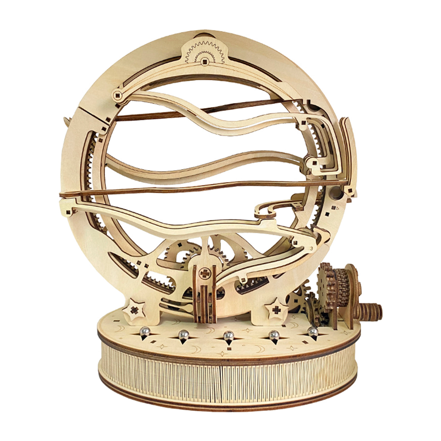 Modello in Legno 3D, con movimento meccanico design di Girabola Orbitale Meccanico con Manovella. 236 pezzi.