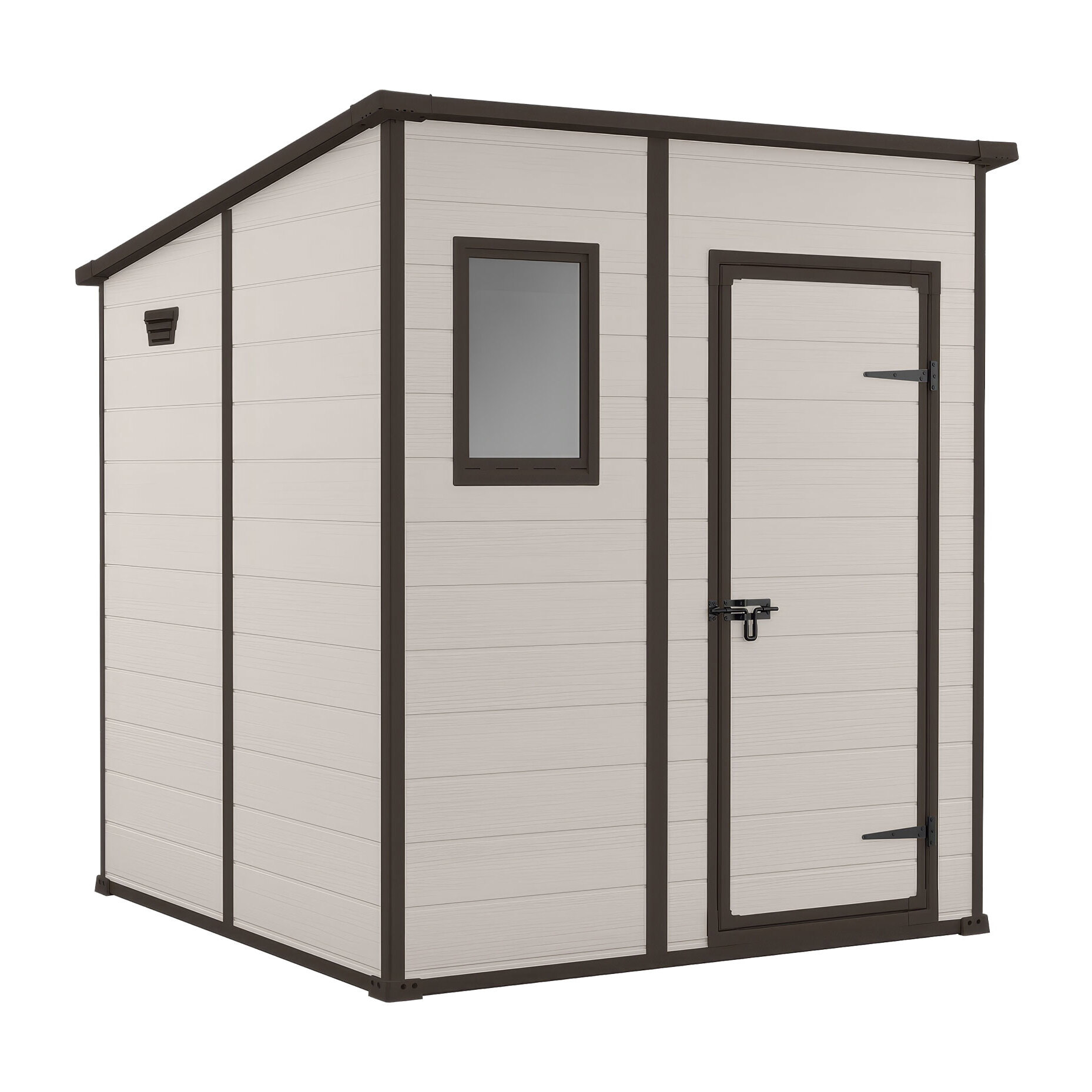 Manor Pent 6x6 - Casetta da Giardino 183,50x200x185 cm 1 Anta per deposito attrezzi finitura effetto legno graffiato in Resina Beige