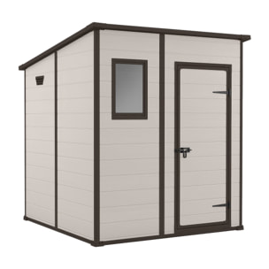 Manor Pent 6x6 - Casetta da Giardino 183,50x200x185 cm 1 Anta per deposito attrezzi finitura effetto legno graffiato in Resina Beige