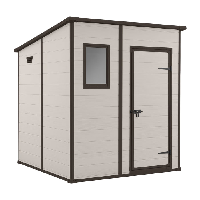 Manor Pent 6x6 - Casetta da Giardino 183,50x200x185 cm 1 Anta per deposito attrezzi finitura effetto legno graffiato in Resina Beige