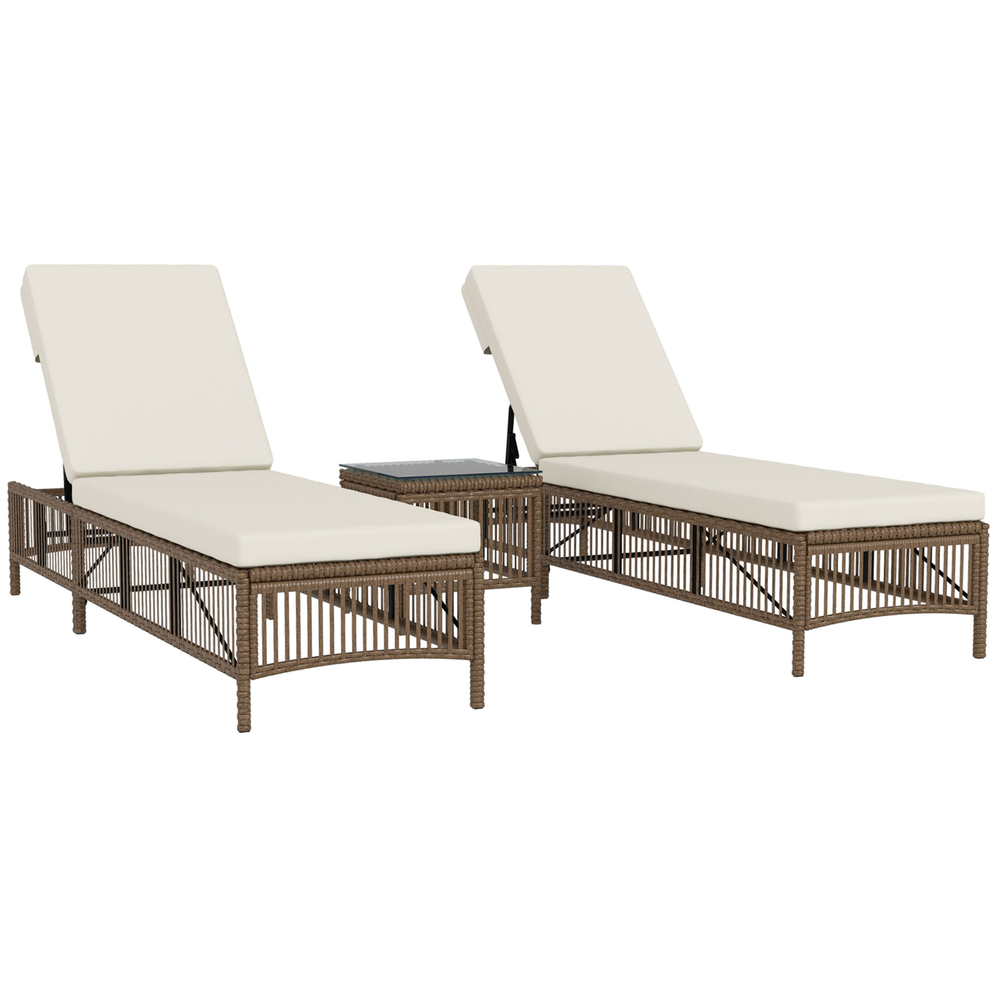 Conjunto de 2 Tumbonas de Jardín Exterior Tumbonas de Mimbre Tejido con Mesa de Tapa de Vidrio Respaldo Reclinable de 5 Posiciones y Cojines Suaves 196x54x32 cm Beige