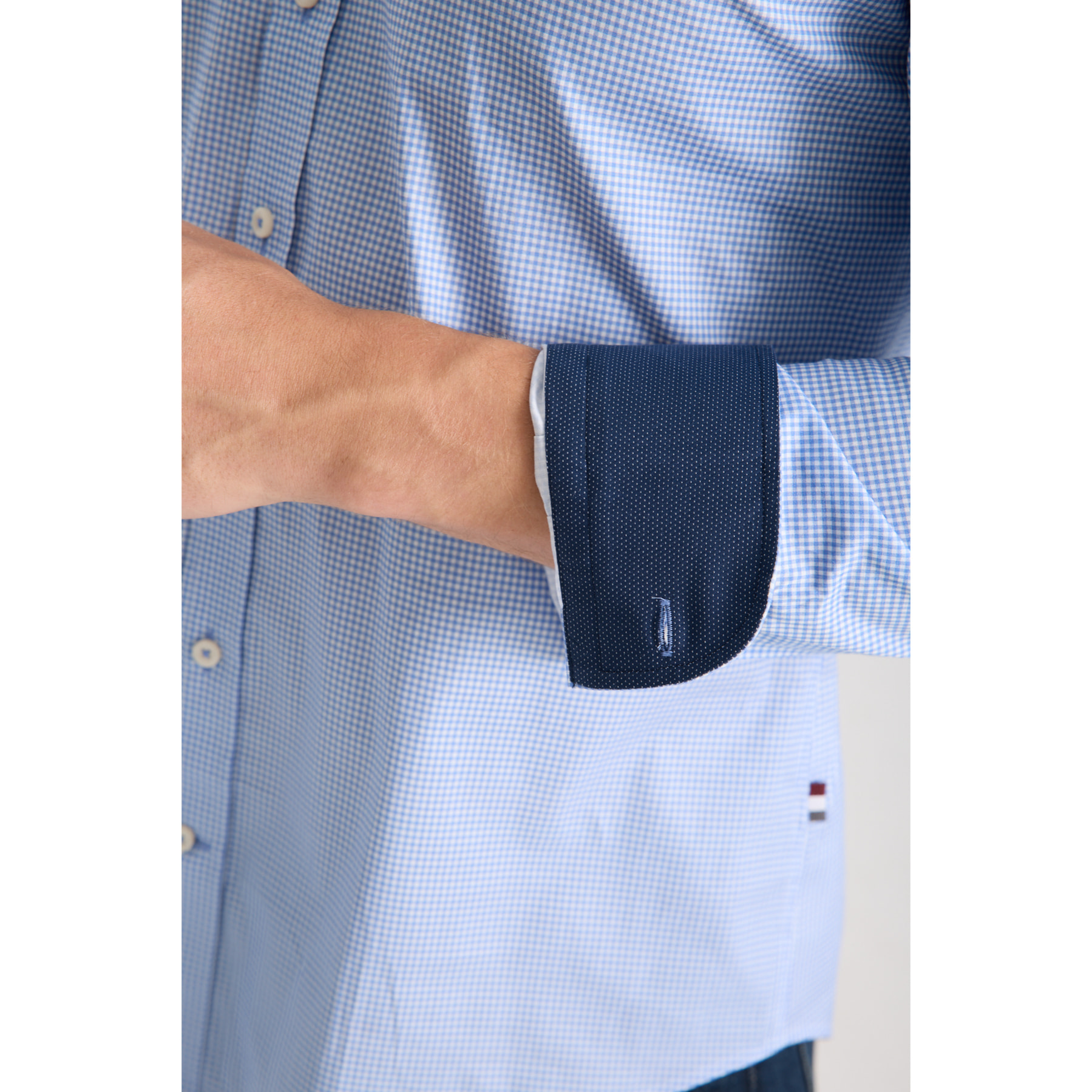 camicia uomo 1 bottone button down slim Popeline Stretch Quadro Piccolo Blu Inchiostro\Bianco