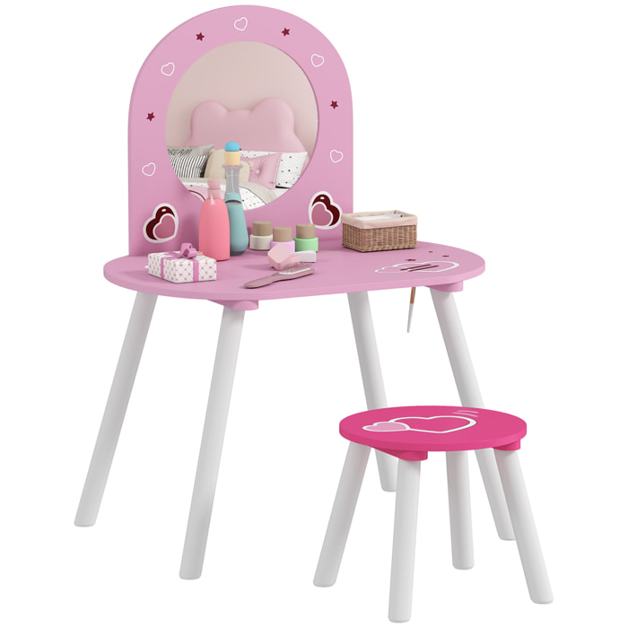 Tocador Infantil con Taburete y Espejo, Tocador para Niñas con Dibujos de Corazones, Mesa de Maquillaje para Niños y Niñas de 3-6 Años, Rosa