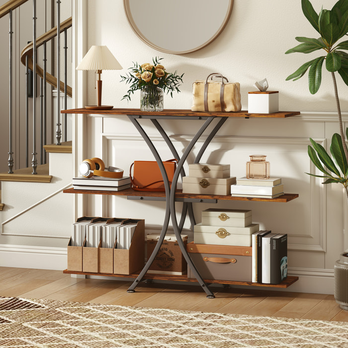 Mesa de Consola de 3 Niveles, Mesa de Sofá Industrial con 2 Estantes Abiertos y Marco Metálico en X, Consola para Recibidor Estrecha, para Salón, Pasillo, Entrada, Marrón Rústico