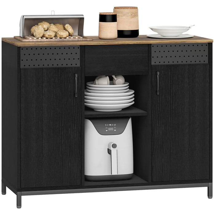 Aparador de 2 Puertas con Orificios, Aparador para Salón con Cajón, Compartimentos Abiertos, Estantes Ajustables, para Cocina, Entrada, Oficina, Negro y Marrón Rústico, 100x40x80 cm