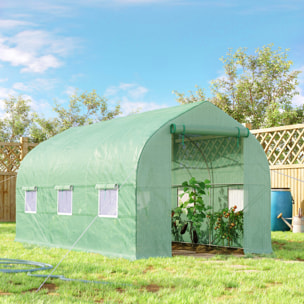 Serre tunnel de jardin 8 m² - 2 portes, 6 fenêtres - métal galvanisé bâche PE vert