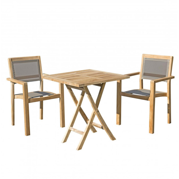HARRIS - SALON DE JARDIN EN BOIS TECK 2 pers - 1 Table carrée pliante 70 cm et 2 fauteuils empilables textilène