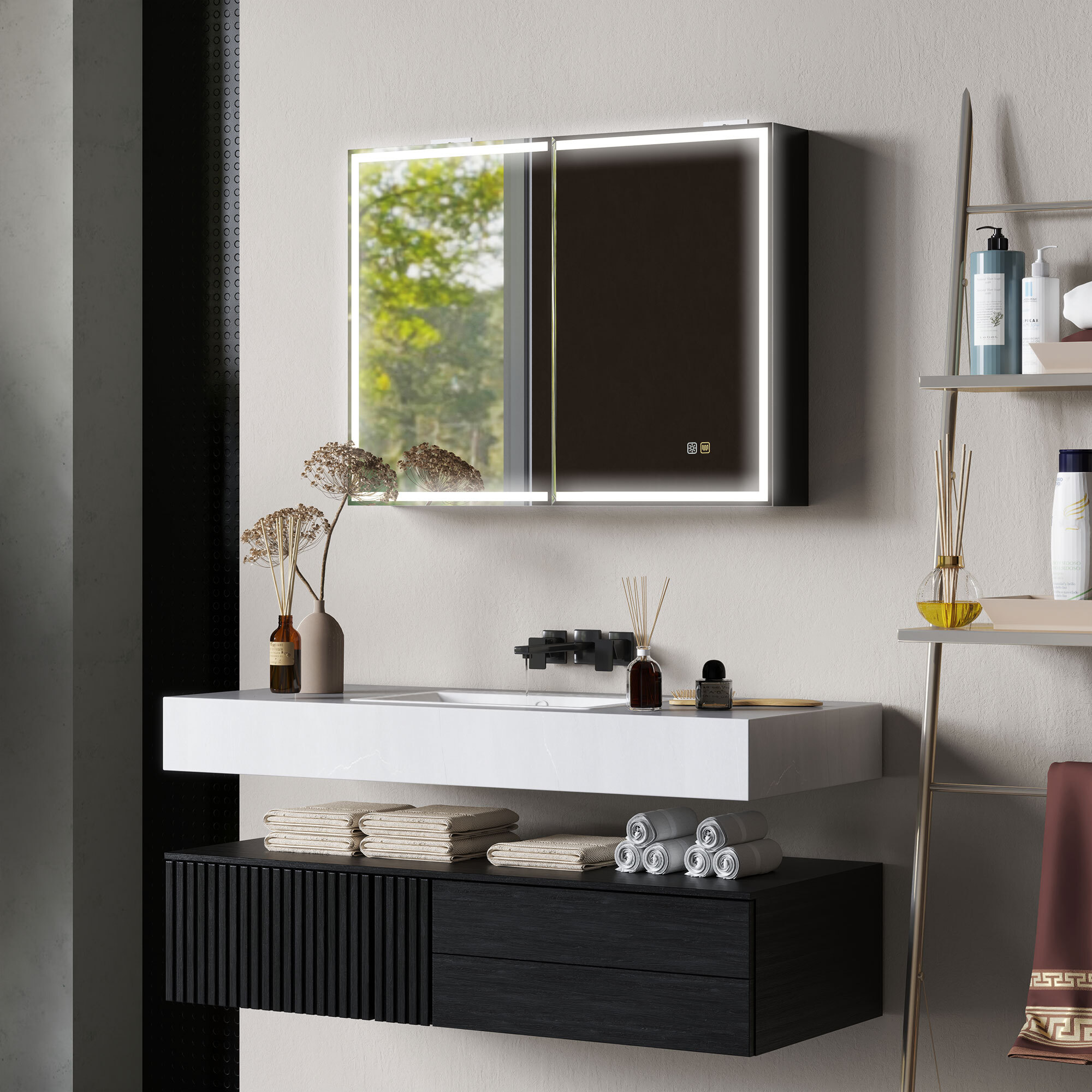 Armoire murale salle de bain  2 portes miroir lumineux LED intégré 60 x 80 cm 2 étagères verre alu noir