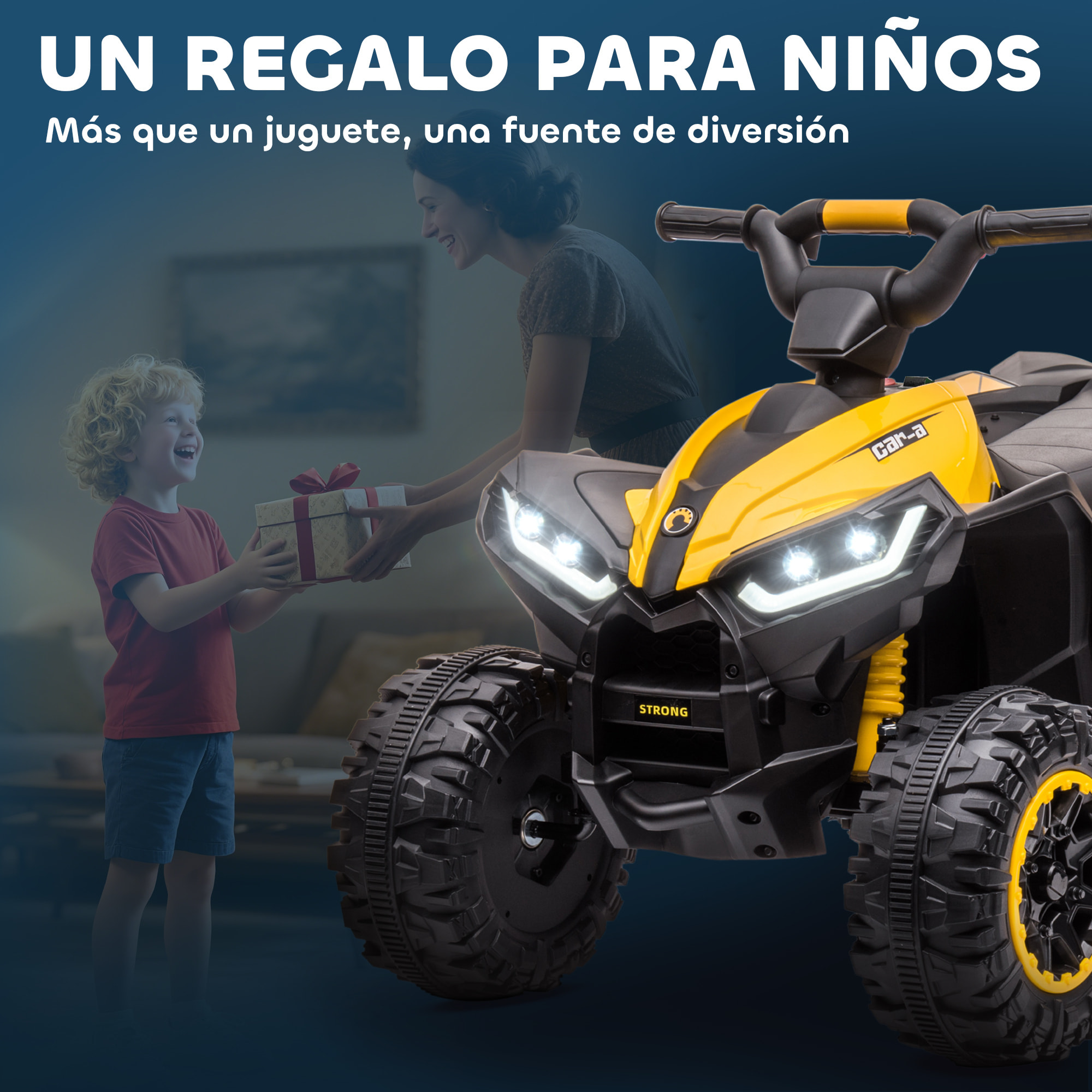 Quad Eléctrico para Niños 12V, Quad para Niños de 3-5 Años, con 2 Motores, Velocidad Ajustable 3-6km/h, Faros, Bocina, Música, USB, Avance y Retroceso, Amarillo