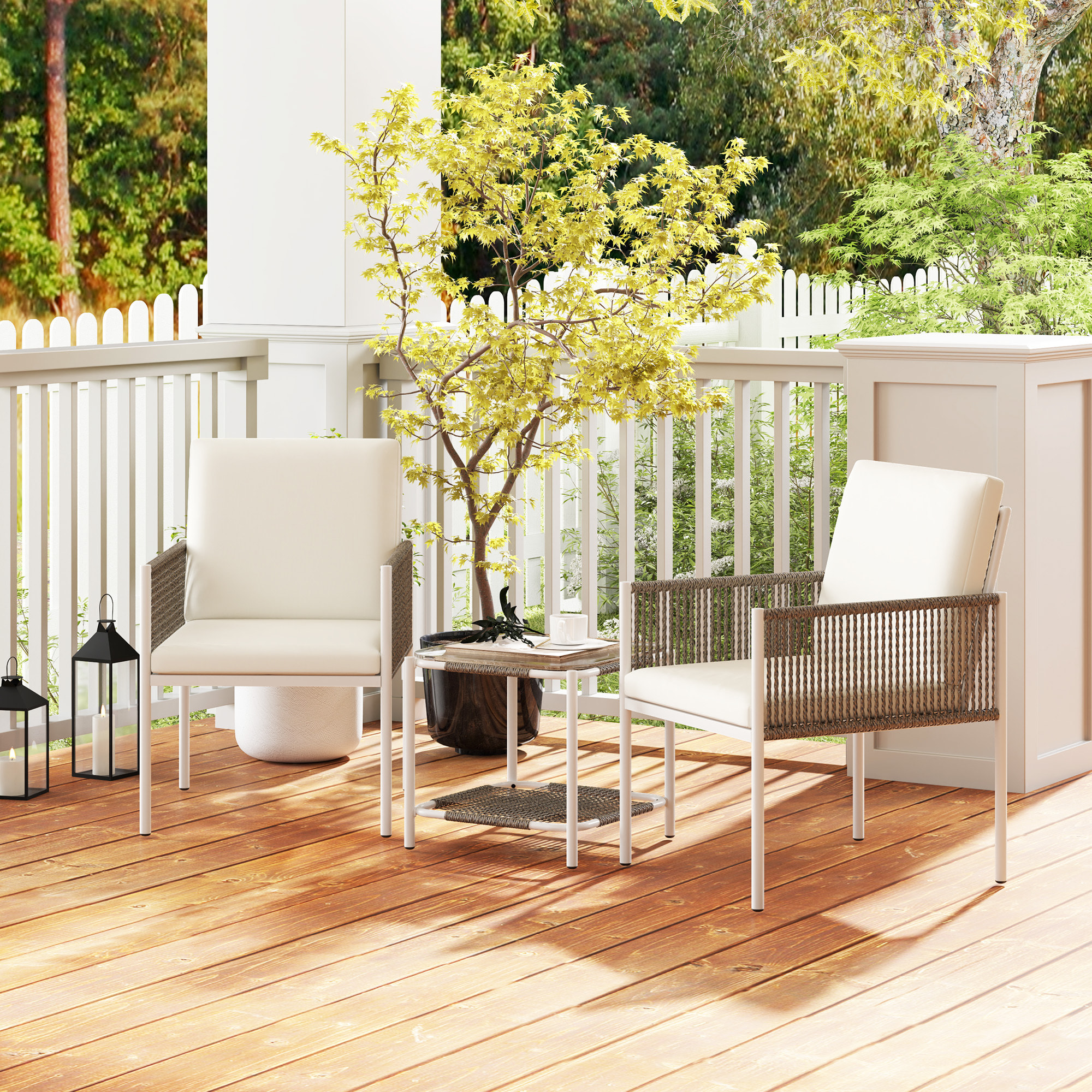 Conjunto de Jardín Exterior de 3 Piezas Juego de 2 Sillas y Mesa de Ratán con Cojines Acolchados y Encimera de Vidrio para Balcón Terraza Marrón y Crema