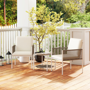 Conjunto de Jardín Exterior de 3 Piezas Juego de 2 Sillas y Mesa de Ratán con Cojines Acolchados y Encimera de Vidrio para Balcón Terraza Marrón y Crema