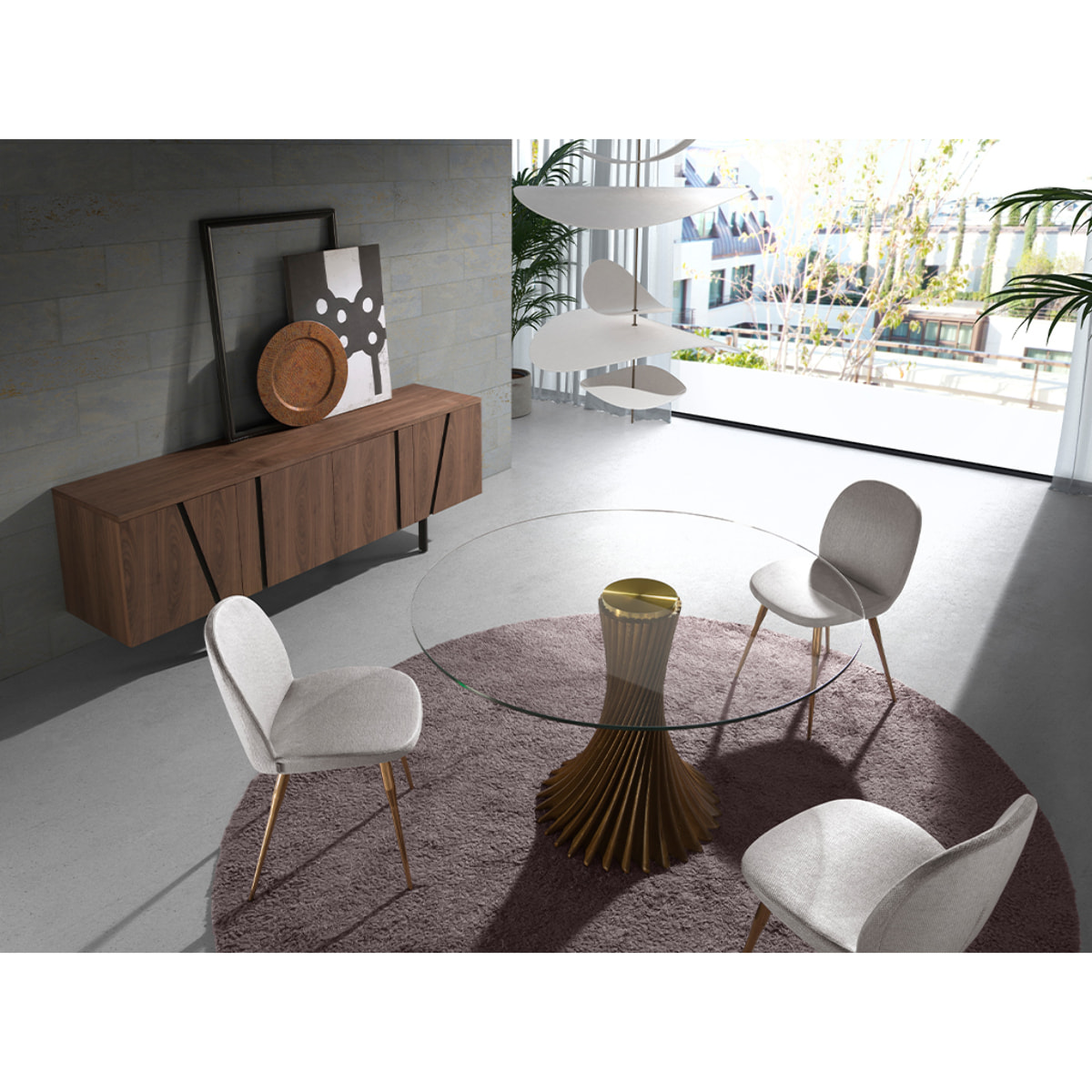 Mesa comedor redonda con tapa fija de cristal templado patas de madera en nogal 130x130x76cm
