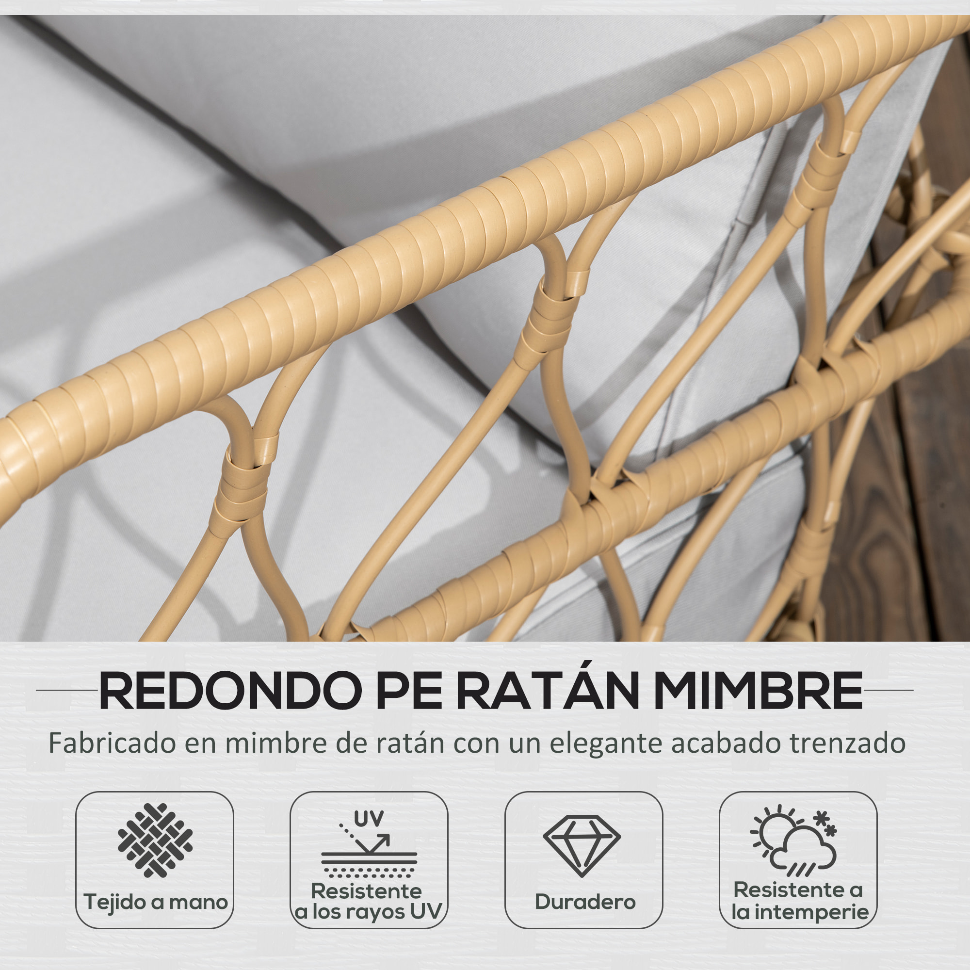 Conjunto de Jardín de Ratán Sintético Juego de 4 Piezas Muebles de Jardín con Sofá de 2 Plazas 2 Sillones y Mesa de Centro con Encimera de Cristal y Cojines Extraíbles Natural y Gris