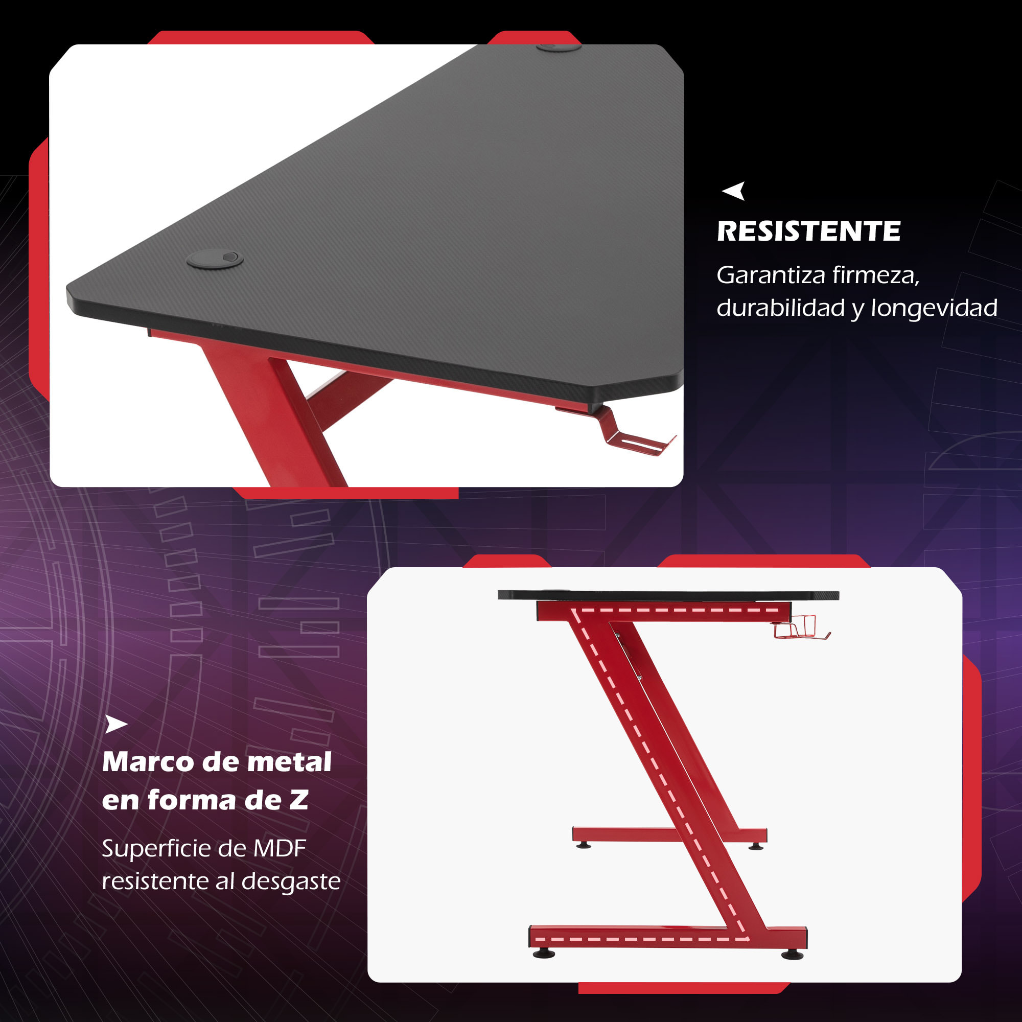 Mesa Gaming con Portavasos de Madera Acero 120x65x74,5 cm Rojo