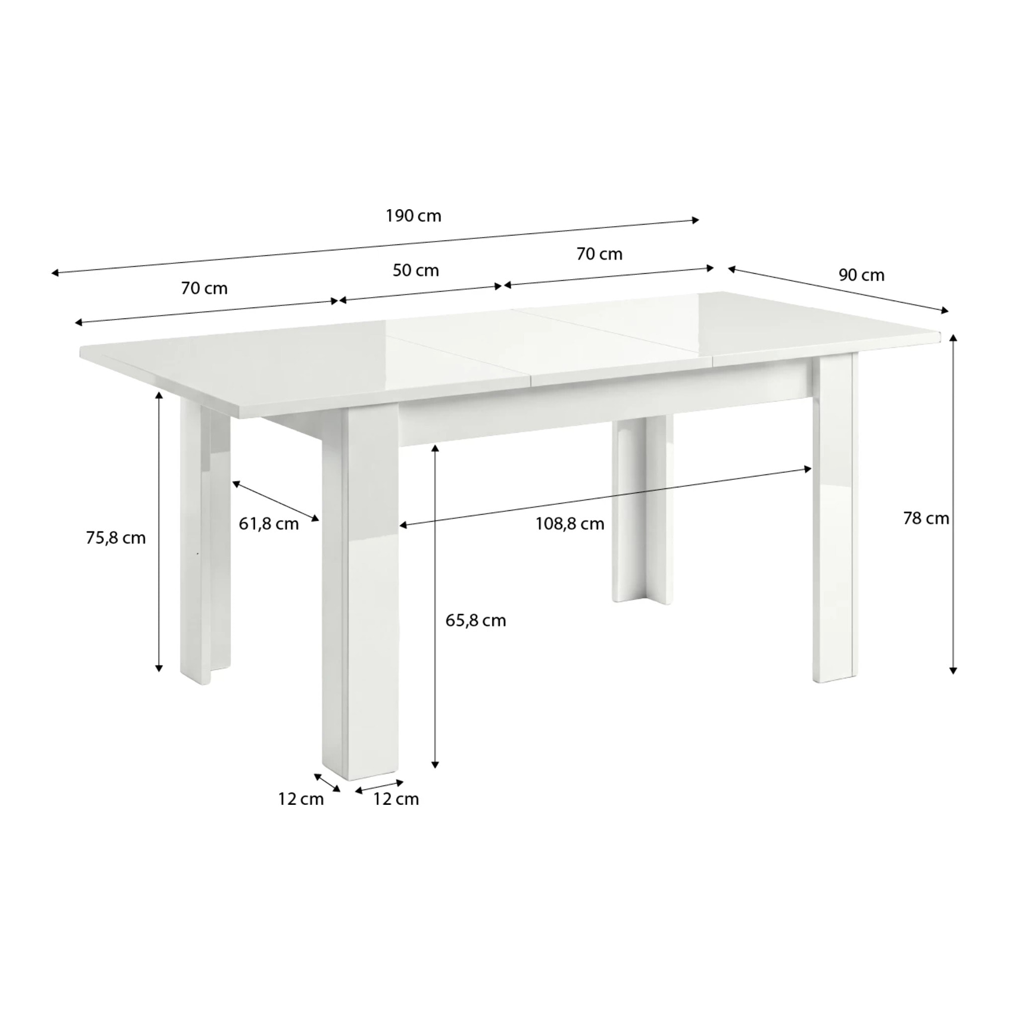 Mesa de comedor extensible en blanco brillo 140-190x90 cm Sira Blanco Brillo