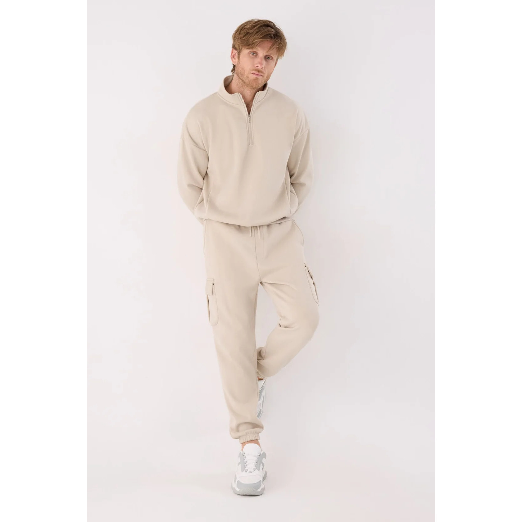 Sudadera deportiva hombre afelpada semi cremallera beige