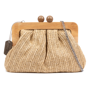Benestare Bolso bandolera Mujer. Tela con detalles de madera natural y piel sintética.