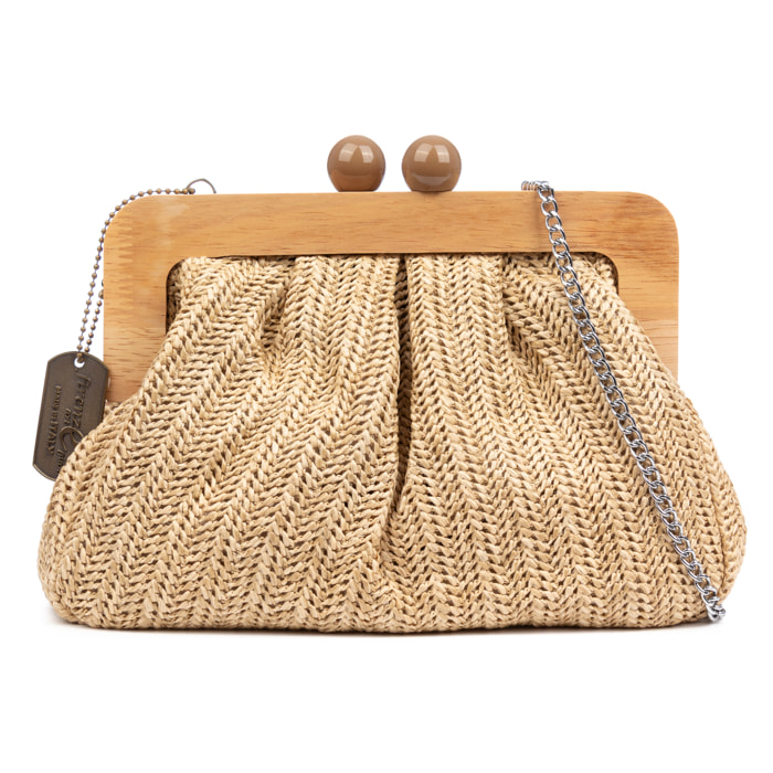 Benestare Bolso bandolera Mujer. Tela con detalles de madera natural y piel sintética.