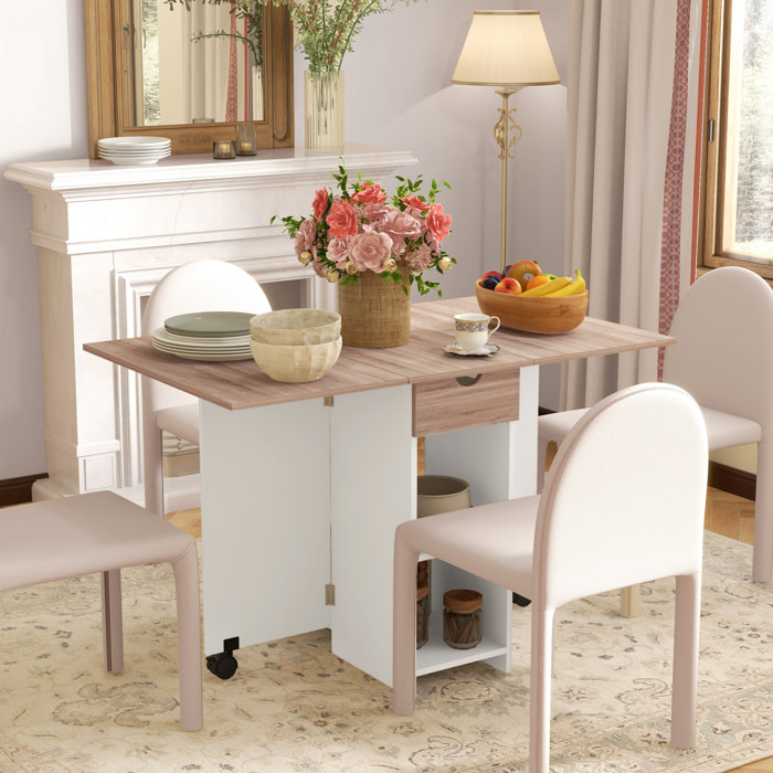 Table à manger pliable extensible 4 personnes - 2 abattants, 2 étagères, tiroir, roulettes - blanc aspect chêne clair
