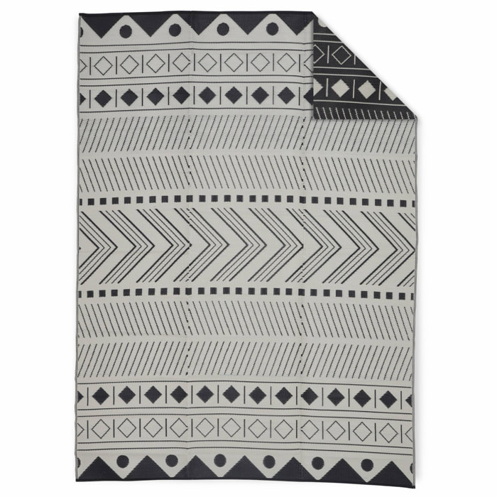 Tapis d’extérieur 270x360cm BAMAKO- Rectangulaire. motif ethnique noir / beige. jacquard. réversible. indoor / outdoor.