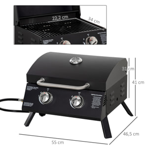 Barbecue gaz de table transportable pieds pliables - 2 brûleurs 5 kW - barbecue gaz de camping - grille de cuisson, réceptacle graisse, thermomètre - acier noir