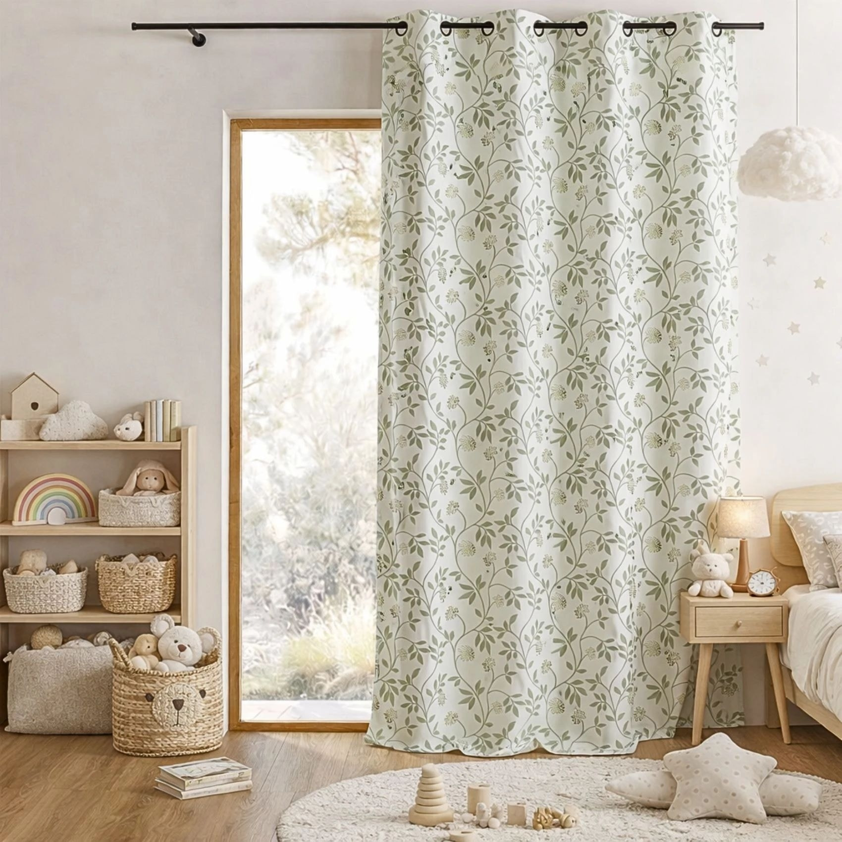 Rideau jacquard polycoton motifs végétaux - Vert