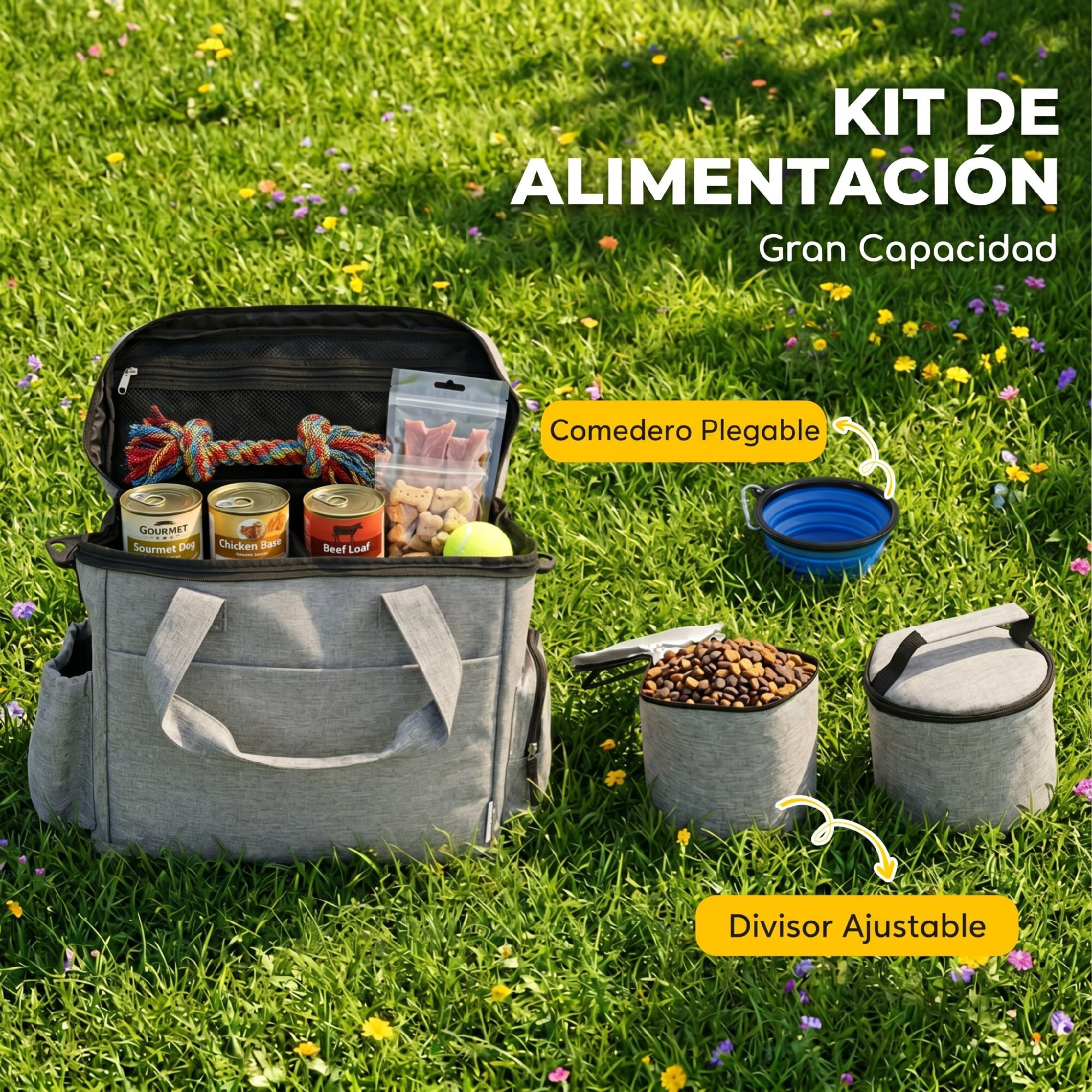 Bolso de Viaje para Perros, Bolsa de Premios con 2 Contenedores de Pienso y Cuenco Plegable de Silicona, Bolsillos, Divisor Ajustable, para Gatos y Cachorros, Portátil y Duradero, Gris Claro