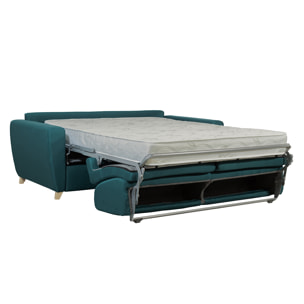 Canapé convertible 3 places en tissu bleu canard et bois clair avec matelas 18 cm GRAHAM