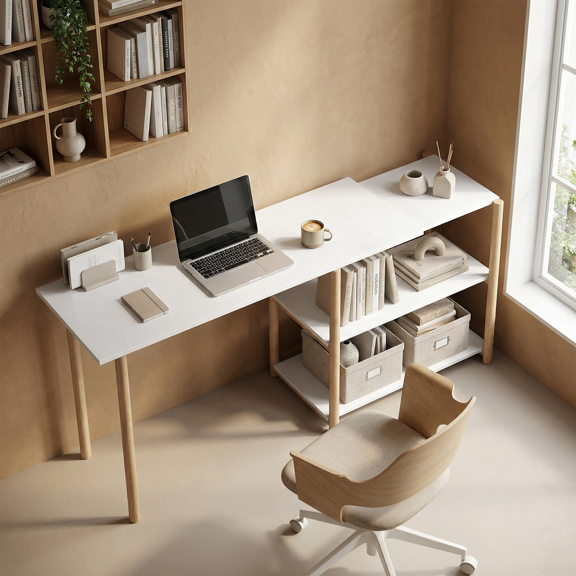 Bureau design naturel bambou blanc modulable angle ou droit