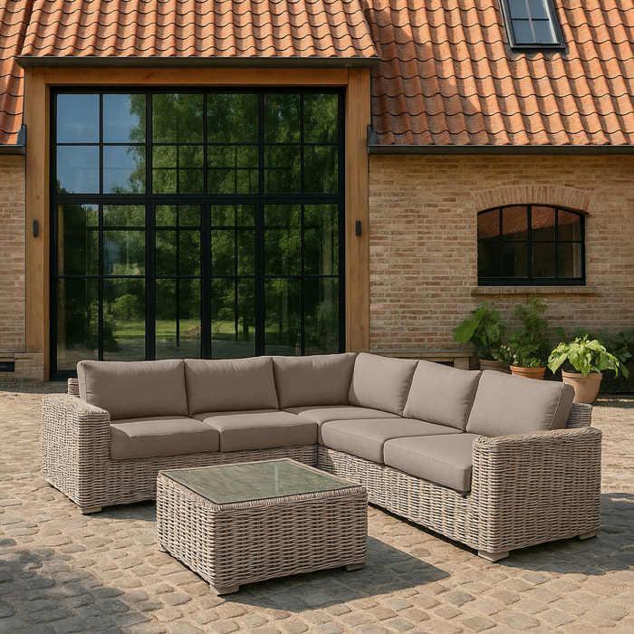 Salon de jardin en résine effet rotin tressé gris 7 places ANTIGUA