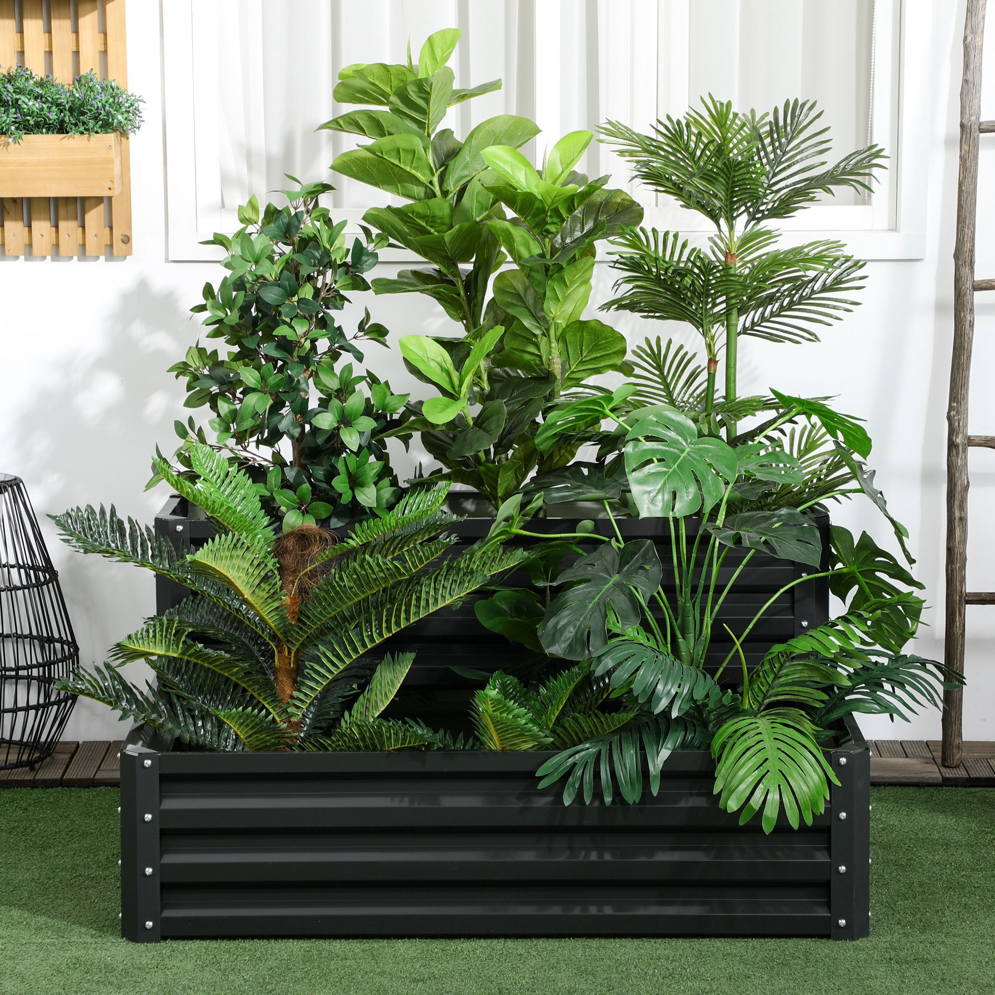 Huerto Urbano de 2 Niveles de Acero Galvanizado, Jardinera Exterior con Diseño de Escalera y Fondo Abierto para Cultivos, Plantas, Herbaria, para Terraza, Jardín, 120x101x58 cm, Gris Oscuro