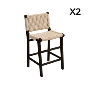 Lot de 2 tabourets de bar en bois d'hévéa noir et assise en cordes beiges
