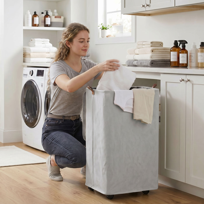 Cesto de Ropa Sucia con Tapa y Ruedas, 50L, Cesta de Ropa Sucia Plegable con Bolsa con Cordón Extraíble y Lavable, para Lavandería, Dormitorio, Baño, 40x30x65 cm, Gris