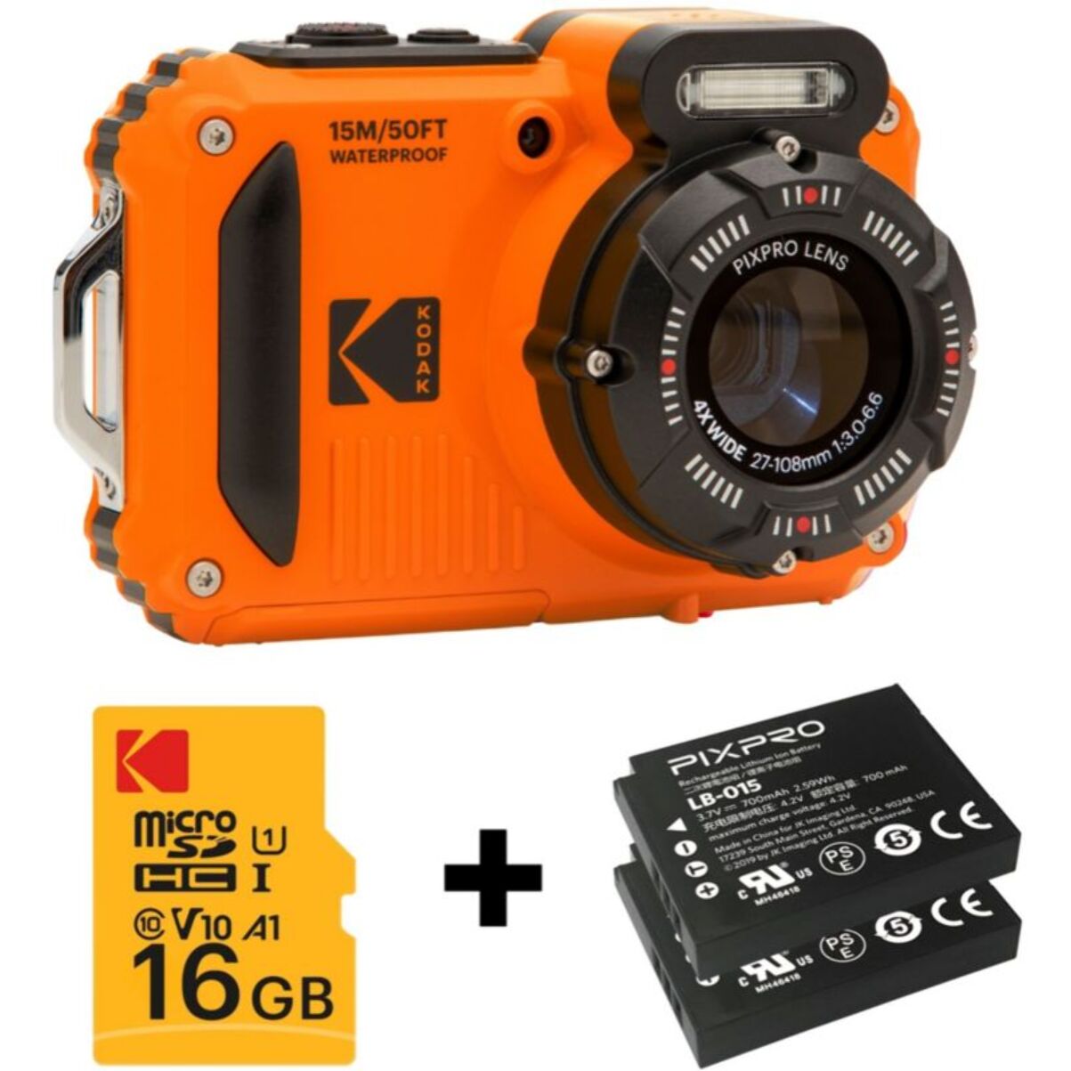 Appareil photo Compact KODAK WPZ2 Orange + 1 Batterie + Carte 16 Go