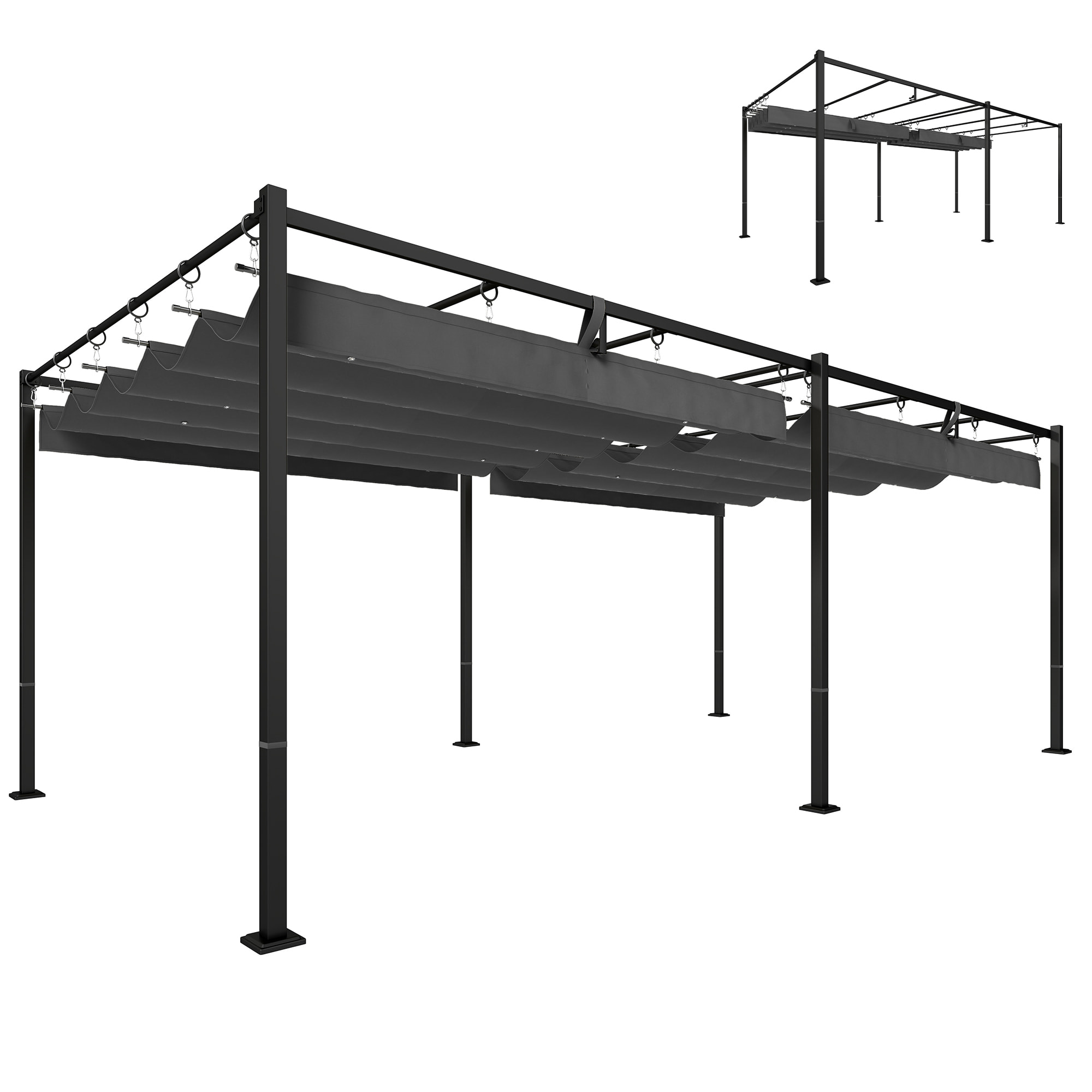 Pérgola de Jardín 6x3 m con Techo Retráctil, Cenador de Jardín con Protección UPF50+, Drenaje, Estructura Metálica, Pabellón para Patio, Terraza, Exterior, Blanco Gris Oscuro