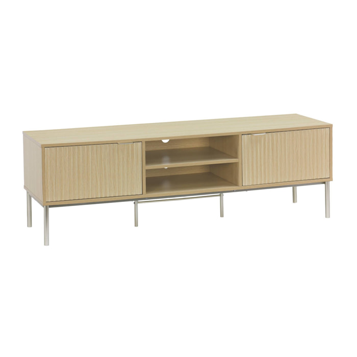 Meuble TV décor bois rainuré et métal champagne. 2 portes 160cm