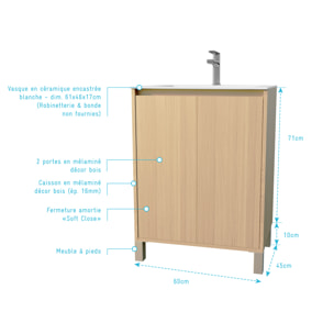 Pack Meuble Salle de Bains 60 cm Chêne Clair, 2 portes avec Vasque Céramique - XENOS