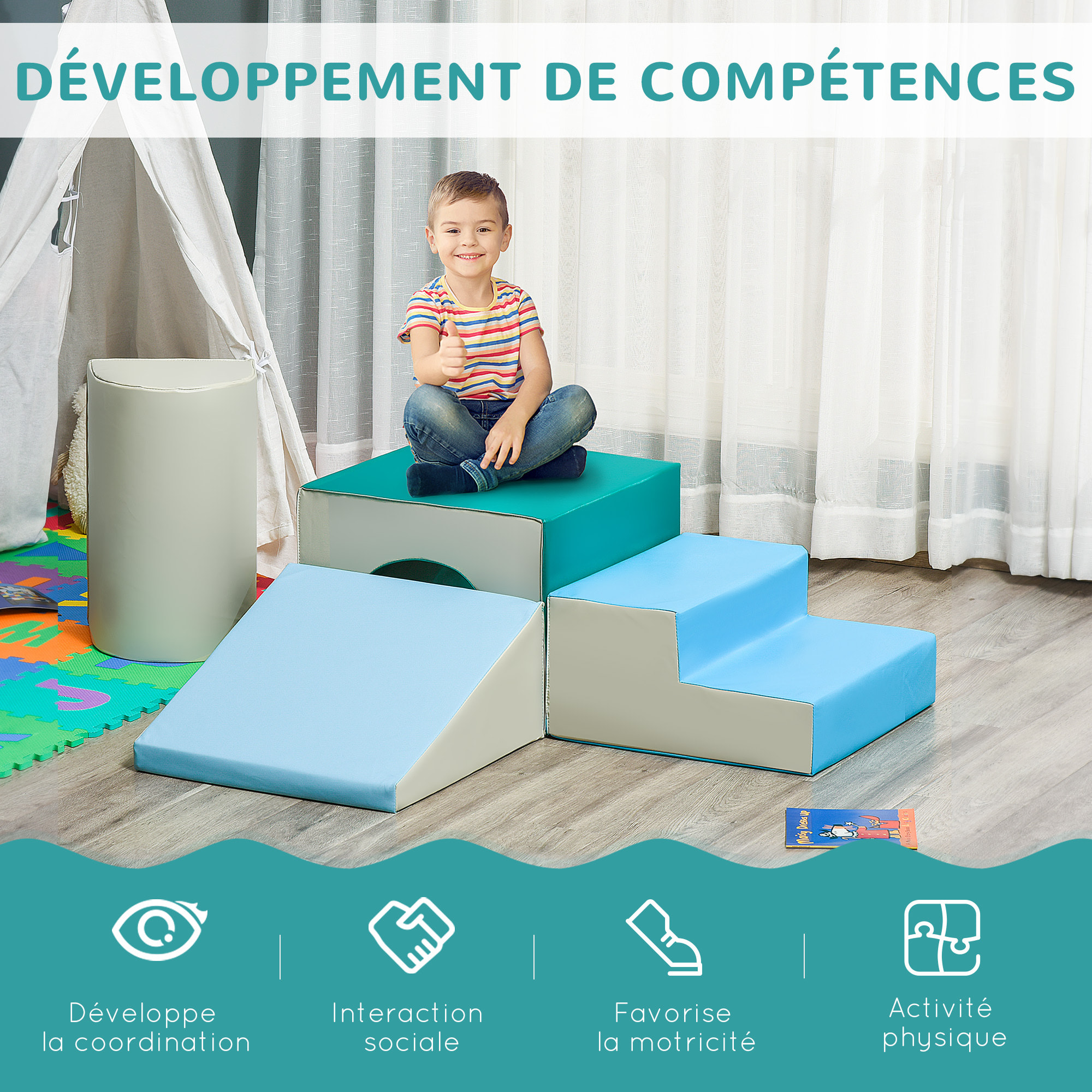 4 blocs de construction en mousse XL - modules de motricité - certifiés normes EN71-1-2-3 - mousse EPE revêtement PU gris bleu