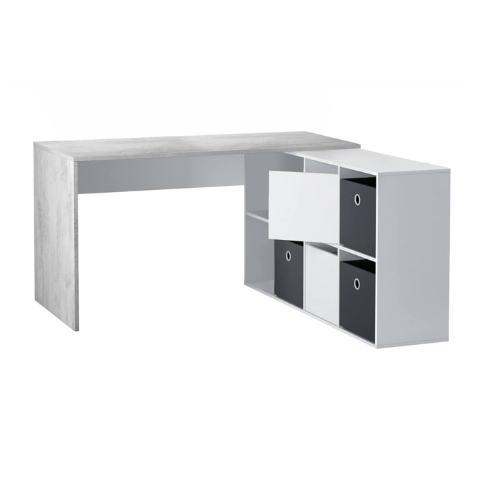 Scrivania Abby, Scrittoio multifunzione reversibile multiposizione, Tavolo da studio o ufficio porta PC con scaffale, 136x139h74 cm, Bianco e Cemento