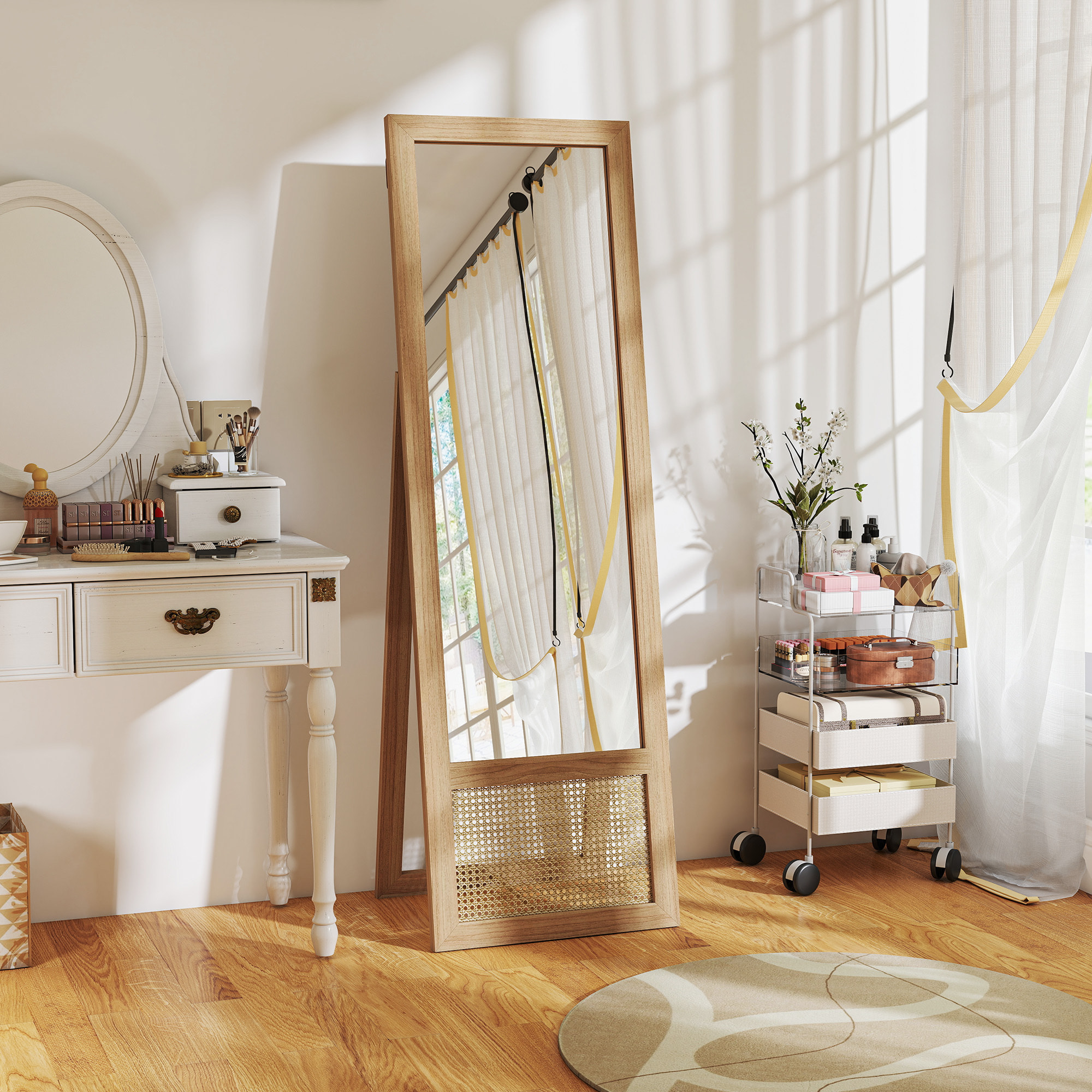Espejo de Cuerpo Entero 160x50 cm Espejo de Pie o de Pared con Marco de Madera y Soporte para Salón Dormitorio Natural