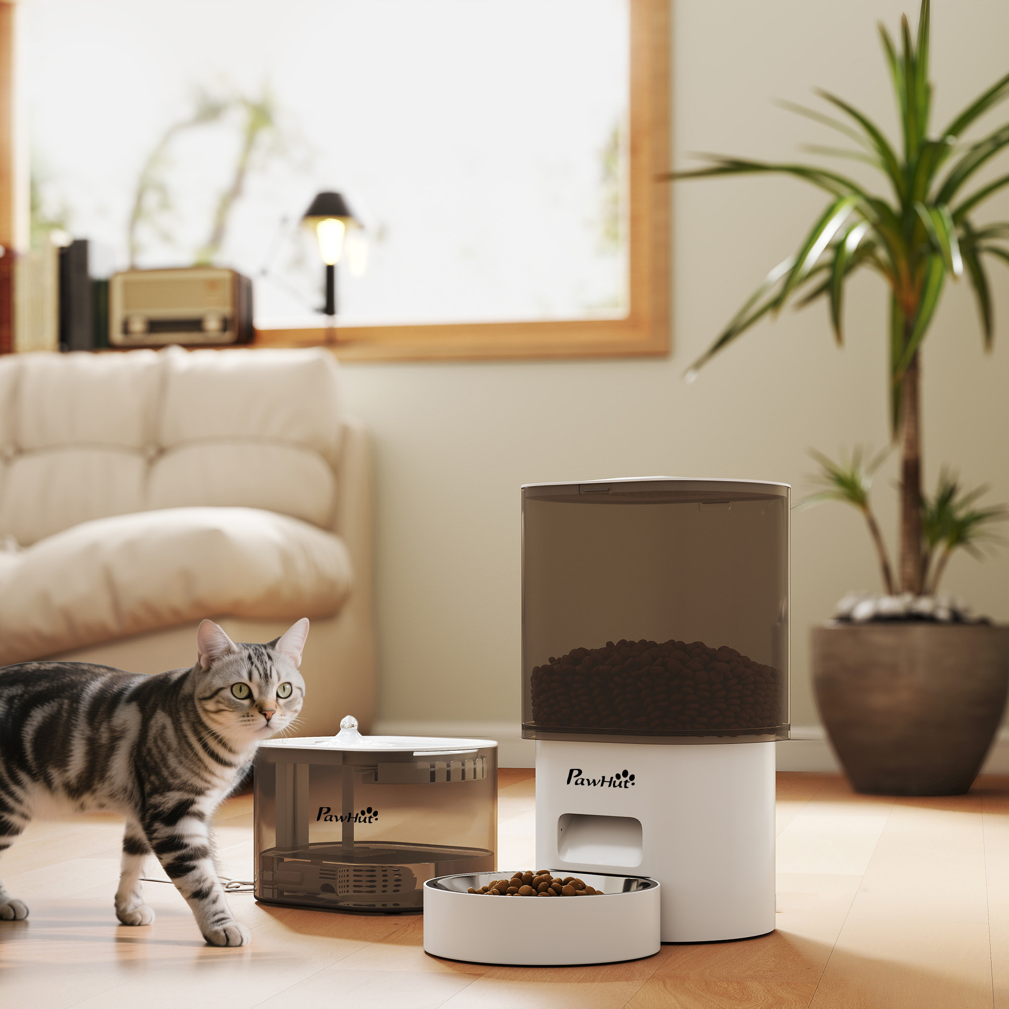 Comedero Gato Automático Dispensador Comida Gatos Perros de 3L con Control de App 1-10 Comidas al Día Filtros y Luz LED Juego de Comedero y Bebedero Automático Silencioso con Cable USB o Pilas