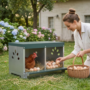Ponedero para Gallinas de Acero Galvanizado con 2 Huecos, Caja Nido para 2 Gallinas con Techo Impermeable y Ventilación, para Recoger los Huevos más Limpios, Plateado y Verde