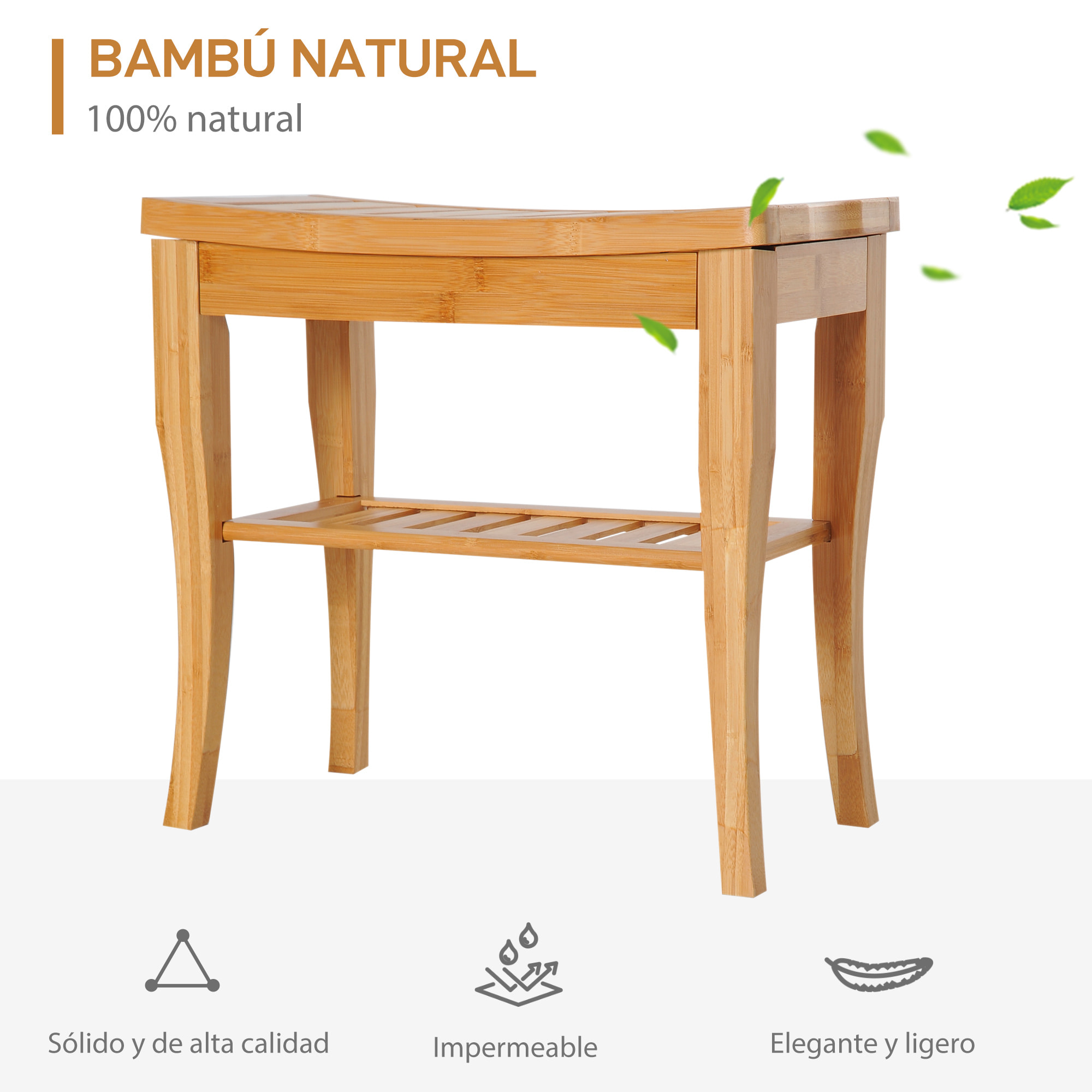 Taburete de Baño de Bambú con Estante de Almacenamiento Banco de Baño Antideslizante Impermeable y Robusta Taburete de Ducha para Hogar Salón Dormitorio SPA 47,5x26x44,5 cm Natural