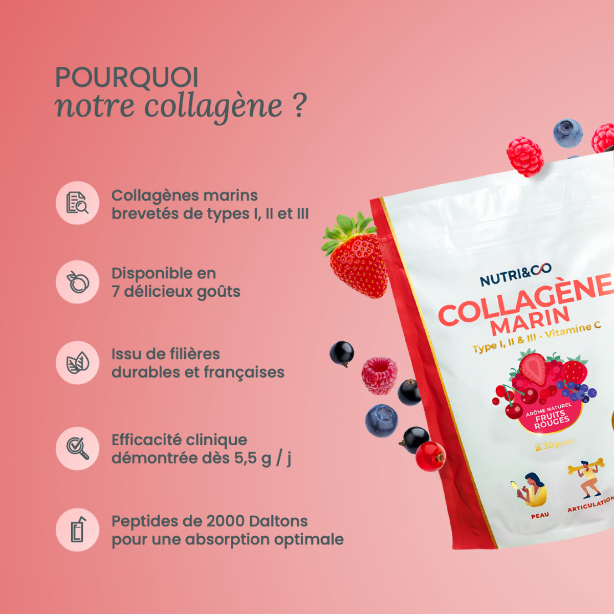Nutri&Co Collagène Marin Type 1, 2 & 3 Peau & Articulations Goût Fruits Rouges - 180g