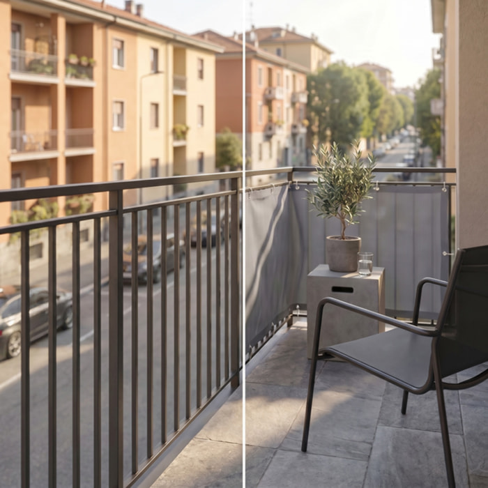 Telo copri balcone frangivento impermeabile 0,9x5 m in HDPE, schermatura privacy oltre 90%, protezione UV 95%, con occhielli e corda, resistente a vento e pioggia, ideale per ringhiera terrazza giardino, facile da installare e durevole