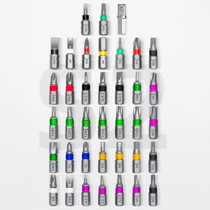 Destornillador multifunción 40 en 1 con carcasa de aluminio y compartimento para 8 puntas favoritas.