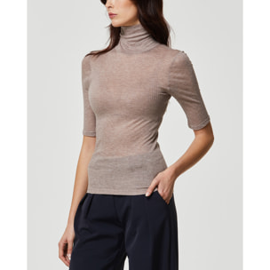 Maglia rib manica corta collo alto in modal cashmere a costine