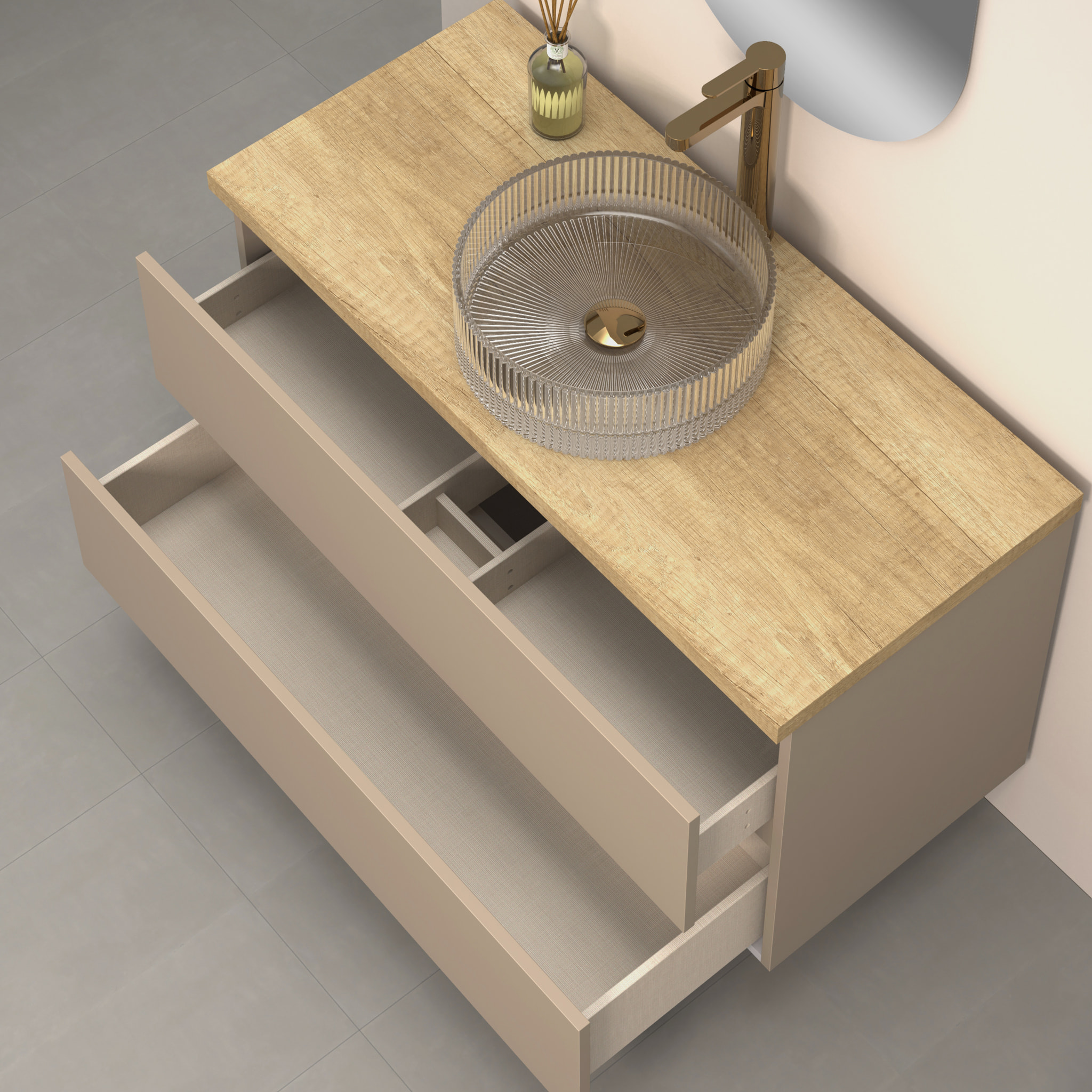 CONJUNTO DE BAÑO KUB | 100 CM VISÓN | DOS CAJONES | LAVABO DE CRISTAL | NO INCLUYE ESPEJO | MUEBLE MONTADO | ALDAY