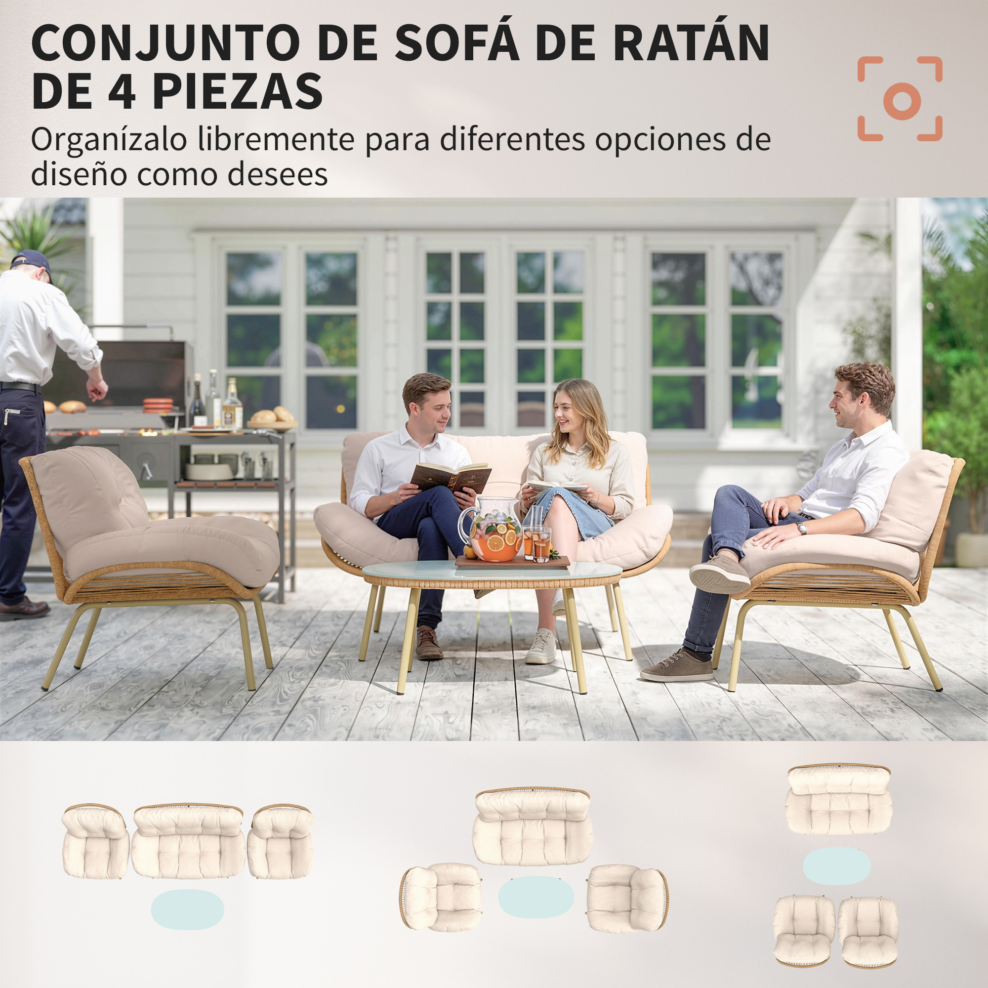 Conjunto de Jardín Exterior de Ratán, Muebles Jardín Exterior 4 Piezas, con Cojines, Sofá Doble, 2 Sillones y Mesa de Centro de Cristal, Estructura de Metal, Beige